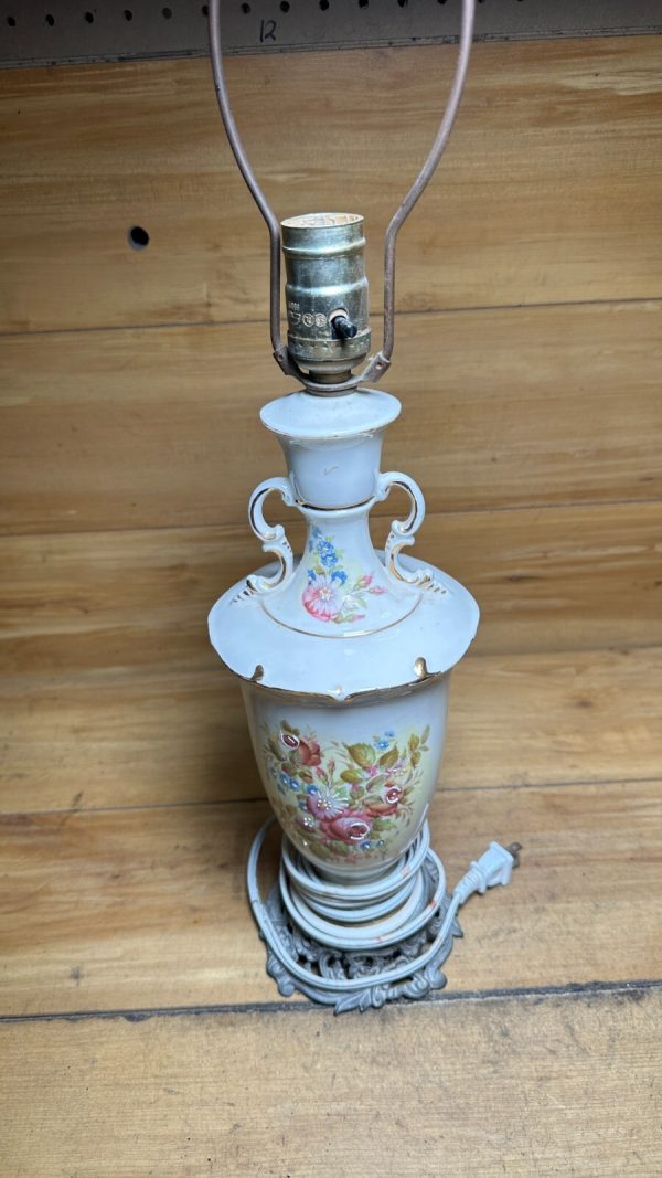 Antique Porcelain Rose Lamp with Golden Handles and Metal Base